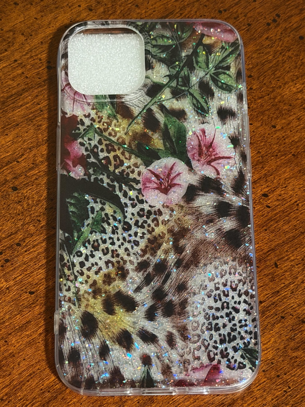 iPhone 14 Glitter Leopard Floral Phone Case - Pink & Green Accents